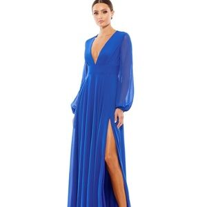 Mac Duggal V-NECK ILLUSION LONG SLEEVE CHIFFON GOWN in Royal Blue